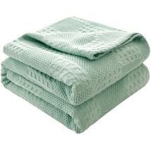 Couvre-lit 100 % coton gaufré - Plaid moelleux - Couverture d'été douce - Aspect gaufré - En coton aéré - Convient comme lit et canapé - Vert 150 x
