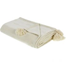 Couvre-lit Plaid Couverture en Chenille 150 x 200 cm Décoratif avec Pompons Beige Kazy
