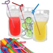 100 pochettes à boissons avec 100 trous de paille pochettes en plastique translucides refermables à fermeture éclair - Crea