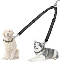Double Dog Lead Splitter, No Tangle 360 Rotation Dog Leash Coupler For Walking 2 Dogs, Adjustable Shock Absorbing Bungee Reflective Dual Lead For Two
