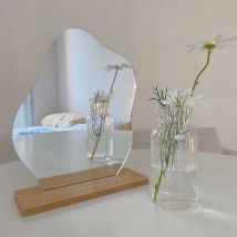Miroir de maquillage en acrylique sans cadre, miroir de table de courtoisie décoratif, forme irrégulière avec base en bois pour chambre à coucher,
