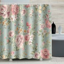 Pink Rose Flowers Shower Curtain With 12 Hooks Green Waterproof Mildew Resistant Fabric Curtain For Bathroom 180x180cm - Crea