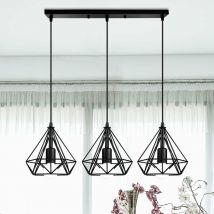 Creative Pendant Light, 3 Lights Industrial Metal Hanging Ceiling Lamp, Retro Classic Ø20cm Diamond Chandelier with Cage Lampshade E27 for Kitchen