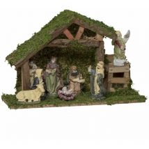 Crèche de Noël en bois et ses 8 santons en porcelaine
