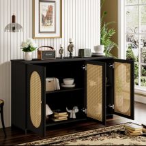 Hauss Spole - Credenza a 3 ante, contenitore per soggiorno, anta in finto rattan, maniglia in metallo, sala da pranzo/cucina, 125x38x78cm nero