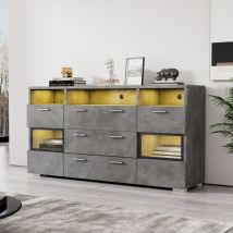 Okwish - Credenza moderna grigia da 140 cm con illuminazione a led e ante in acrilico trasparente, 2 ante, 3 cassetti più vani a giorno, unità base,