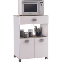 Credenza ausiliaria a buffet per la cucina. Bianco e quercia. Microonde e armadietto di stoccaggio