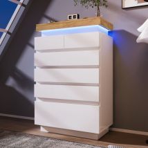 Wishdor - Cassettiera a 6 cassetti, cassettiera bianca con illuminazione a led, per soggiorno e camera da letto, 115 x 73 x 39 cm