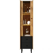 Credenza, colonna in venature del legno nero - 180 x 44 x 40 cm con anta in vetro, illuminazione led gialla, 2 cassetti