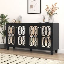 Redom - Credenza Nera a Specchio con Maniglie in Cristallo Freddo, Quattro Ante, con Laminato Mobile, per Soggiorno e Sala da Pranzo, 160 x 40 x 84 cm