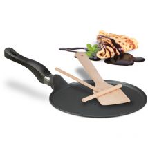 Relaxdays - Poêle à crêpes avec râteau & spatule, pour plaque à induction, aluminium, crêpière, diamètre de 25 cm, noir