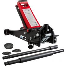 Cric hydraulique Arebos 3 tonnes - 75-505 mm - Dual Pompe - Avec 3 Patins - Tige de Levier - Noir et Rouge