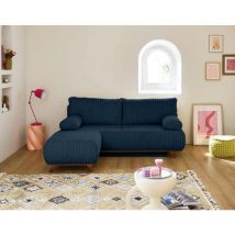 Bestmobilier - Cristal - 3-sitzer Sofa - Schlaffunktion Und Bettkasten Und Puff - Großer Geripptem Cord - Blau