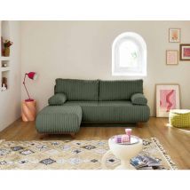 Bestmobilier - Cristal - 3-sitzer Sofa - Schlaffunktion Und Bettkasten Und Puff - Großer Geripptem Cord - Grün