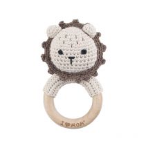 Crochet Baby Rattle - Individually Crocheted Wooden Grab Toy Baby Rattle for Boys and Girls Handmade Birth Gift (Brown Lion)