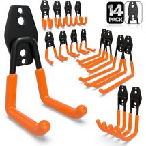 Crochet Mural Garage 14PC, Rangement Garage,Crochet Mural en Acier Fortes pour Êchelle,Vélos,Tuyaux,Outils électriques(Orange)