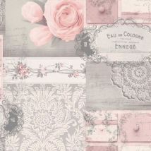 Decoupage Patchwork Floral Wallpaper Flowers Pink Grey Silver Metallic Crown