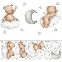 Csparkv - 1 Stück Tier-Wandaufkleber, Bär, Wolken, Mond und Sterne, abnehmbare Kunstaufkleber, Teddybär-Dekoration für Babyzimmer, Kinderzimmer,