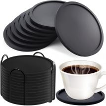 Csparkv - Dessous de Verre Silicone Noir, 12 Pièces Dessous de Verre Silicone Rond, sous Verre en Silicone avec Plateau, Dessous de Verre Noirs
