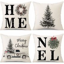 CSPARKV Lot de 4 Housses de Coussin Noël, Taies d'oreiller de Noël Décoratives en Lin Housse Coussins pour Lit Canapé Chambre Salon (45 x 45cm, Sapin