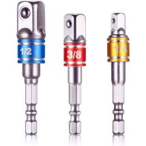 Csparkv - Set of 3 Square Drive Chuck Adapters 1/4', 1/2', 3/8' in Vanadium Chrome Socket Holder Adapters for Drill/Impact Driver.