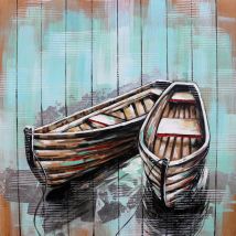 Tableau Peinture Kuatéh Barques 100x100 cm Collage 3D Huile sur Toile