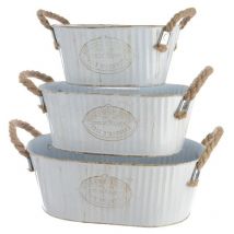 Decoris - Cubo zinc ovalado con asa de cuerda set de 3unid