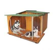 Cuccia in Legno per Cani da Esterno 'Rinforzata' 2 tendine omaggio mod. Oasi con Veranda made in italy b - Doppio Ingresso con 2 tendine omaggio