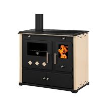 Prometey - Cucina A Legna Con Piastra In Ceramica - 9,5 Kw Pannelli Laterali Verniciati Avorio, Design Moderno E Uscita Fumi A Sinistra