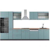 Vicco - Cucina componibile R-Line, Blu-grigio/antracite, 350 cm con armadio alto, pl Rovere