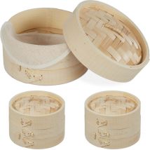 Relaxdays - cuiseur vapeur bambou lot de 3, trois paniers asiatiques, 1-3 étages, riz, bamboo steamer ø 13,5 cm, nature