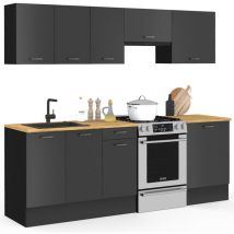 Cuisine complète 240 cm subtil avec plan de travail 7 éléments noir et plateaux bois