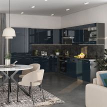 Cuisine en angle Fame-Line, Bleu foncé brillant/Anthracite, 257 x 60 cm, pt Anthracite Vicco