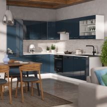 Cuisine en angle Fame-Line, bleu foncé brillant/blanc, 287 x 227 cm sans plan de travail Vicco