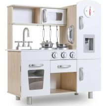 Cuisine Enfant en Bois,Jouet de Cuisine,81x74x30 cm avec Effets Lumineux et Sonores Simulés, Équipée d'Accessoires de Cuisine,Blanc
