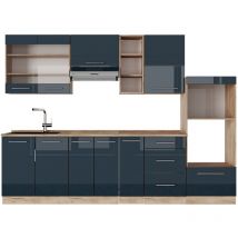 Cuisine Fame-Line, bleu foncé brillant/chêne doré, 280 cm, pt Chêne Vicco