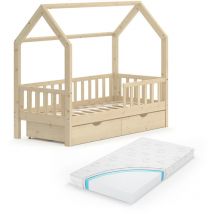 Vitalispa - Cama en forma de casa Wiki, Madera natural, 80x160 cm con cajones y colchón