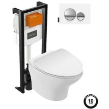 Pack wc suspendu sans bride compact Jacob Delafon Nouvelle vague+ bâti-support + plaque Chrome brillant/Blanc mat