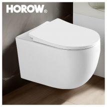 Cuvette wc Suspendu sans Rebord avec Charniere Abattant Soft-Close - Toilette Suspendu en Céramique Blanc - Chasse d'Eau Directe et sans Bordure-52,5