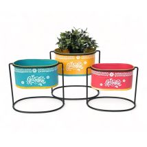 Blumenhocker mit Topf Metall Stehend Mehrfarbig Oval 96526 3er Set Blumenständer Blumensäule Modern Pflanzenständer Pflanzgefäß - Dandibo