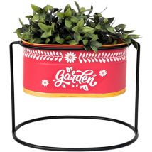 Tabouret de fleur avec pot Métal Debout Rouge Ovale 24 cm Support de fleur 96526 s Colonne de fleur Moderne Support de plante Vase de plante - Dandibo