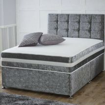 Darius House Crushed Velvet Divan Set with Memory Foam Mattress - 5FT Size / Crystal Diamante Buttons / Grey Crushed Velvet / No Storage / Spring