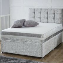 Darius House Crushed Velvet Divan Set with Memory Foam Mattress - 4FT6 Size / Matching Fabric Buttons / Silver Crushed Velvet / 2 Drawers (1 Either