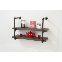 Home Source - Dark Oak 60cm Wall Mounted Twin Shelf Black Painted Pipe Brackets Wood Finish