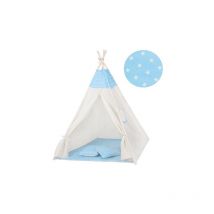 Das blaue Tipi-Zelt mit Sternen.