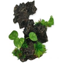 Animallparadise - Décoration rocher gris + plantes, 19 x 15 x h 31cm, aquarium.