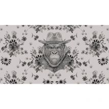 Papier peint panoramique floral avec tête de gorille | Tapisserie panoramique moderne pour salon | Papier peint panoramique animaux gris & noir - 270