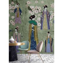 Papier peint panoramique multicolore | Tapisserie panoramique japonaise pour salle de bain | Papier peint panoramique fleur de cerisier et femmes