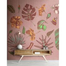 Papier peint panoramique flamant rose & feuille | Tapisserie panoramique tropicale idéale salon | Papier peint panoramique à motif rose & vert - 270