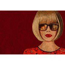 Papier peint panoramique design rouge visage femme Tapisserie panoramique originale femme avec lunettes Papier peint panoramique moderne salon